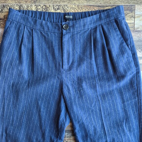 Madewell Pleated Track Trousers Cotton Linen Wool Blend Blue Pinstripe - Picture 5 of 15